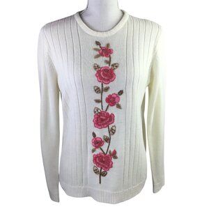 Vtg Adrian Delafield Sweater Embroidered Acrylic Sz M Floral Beaded Grandma Core
